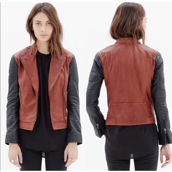 Madewell Colorblock Quilted Backroad Moto Leather Jacket Black Burnt Orange XS - Picture 1 of 9